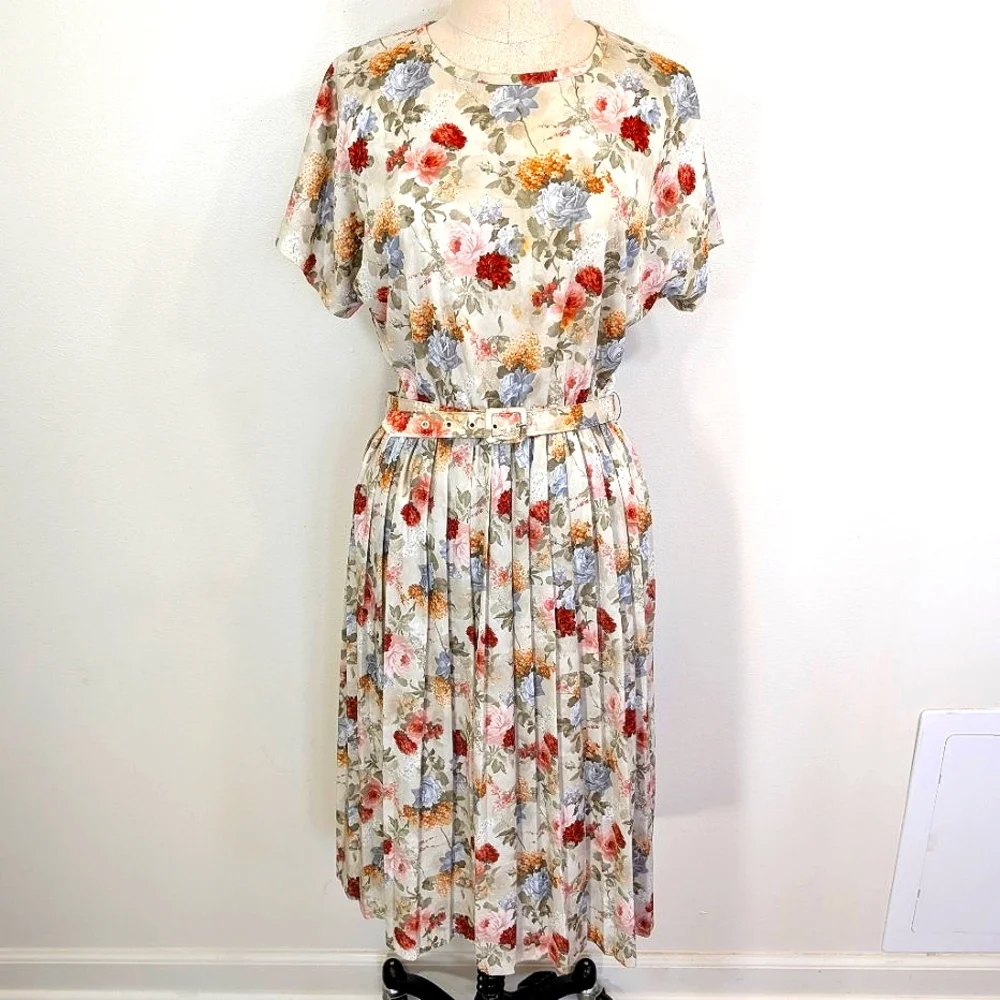 Vintage silky poly earthy floral, modest slip on day dress W matching belt. 12P